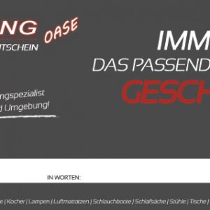 Gutschein, Geschenke, Camping Oase Gutschein, Wunschbetrag, 1€ - 500€ alles möglich